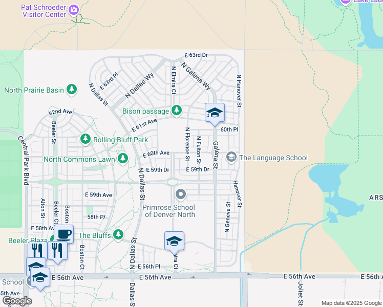 map of restaurants, bars, coffee shops, grocery stores, and more near 6028 North Florence Street in Denver