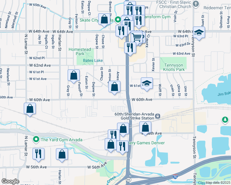 map of restaurants, bars, coffee shops, grocery stores, and more near 6050 Benton Street in Arvada