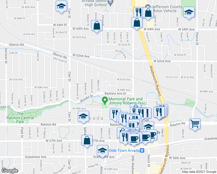 map of restaurants, bars, coffee shops, grocery stores, and more near 7835 Barbara Ann Drive in Arvada