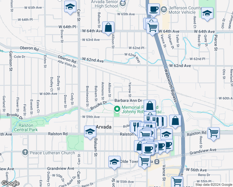 map of restaurants, bars, coffee shops, grocery stores, and more near 7835 Barbara Ann Drive in Arvada