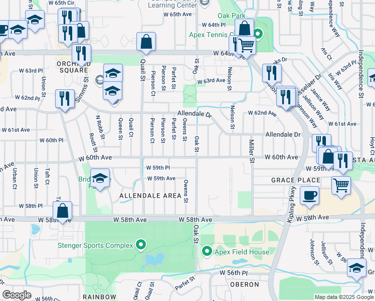 map of restaurants, bars, coffee shops, grocery stores, and more near 6048 Owens Street in Arvada