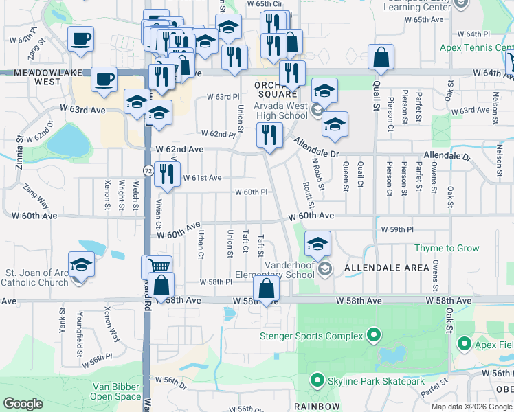map of restaurants, bars, coffee shops, grocery stores, and more near 11623 West 60th Place in Arvada
