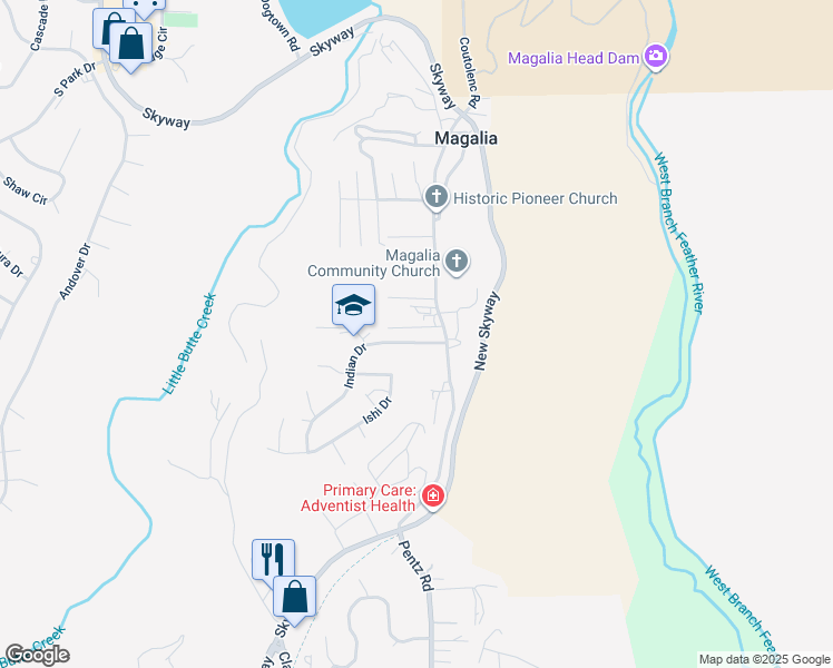 map of restaurants, bars, coffee shops, grocery stores, and more near 13707 Skyway in Magalia