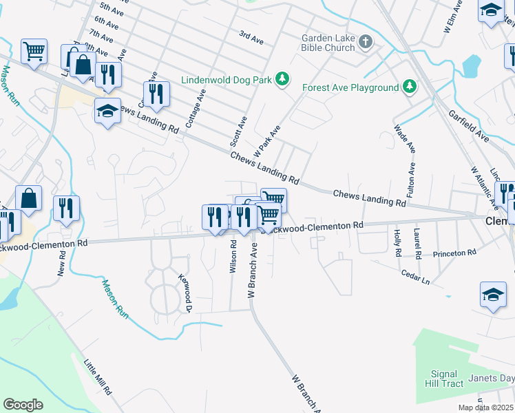 map of restaurants, bars, coffee shops, grocery stores, and more near 201 Blackwood Clementon Road in Lindenwold