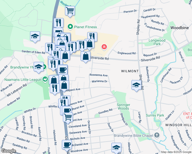map of restaurants, bars, coffee shops, grocery stores, and more near 402 Brandywine Boulevard in Wilmington