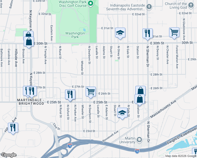 map of restaurants, bars, coffee shops, grocery stores, and more near 2807 North Lasalle Street in Indianapolis