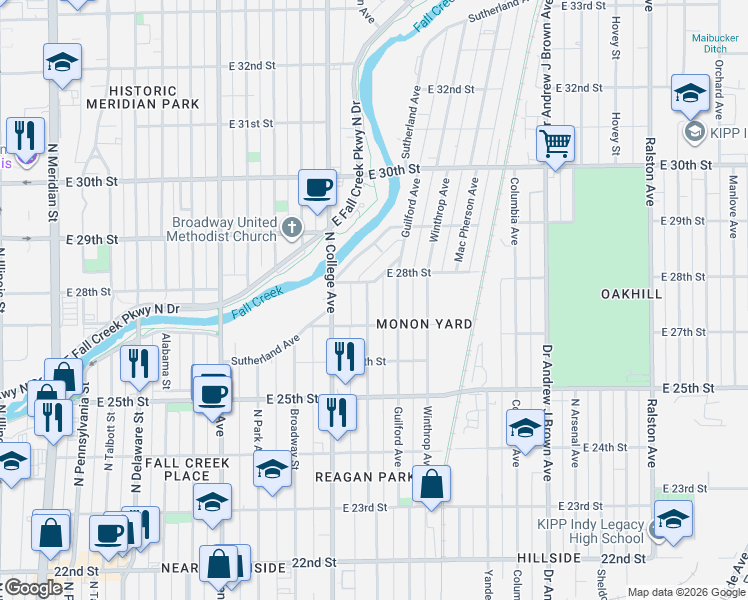 map of restaurants, bars, coffee shops, grocery stores, and more near 728 East 28th Street in Indianapolis
