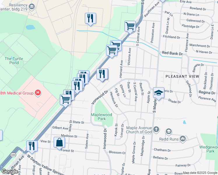 map of restaurants, bars, coffee shops, grocery stores, and more near 1213 Ironwood Drive in Fairborn