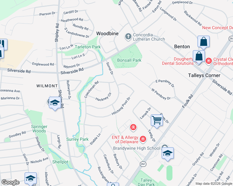 map of restaurants, bars, coffee shops, grocery stores, and more near 100 Hackney Circle in Wilmington
