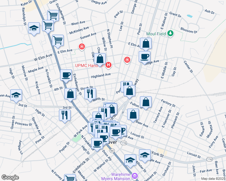 map of restaurants, bars, coffee shops, grocery stores, and more near 30 George Street in Hanover