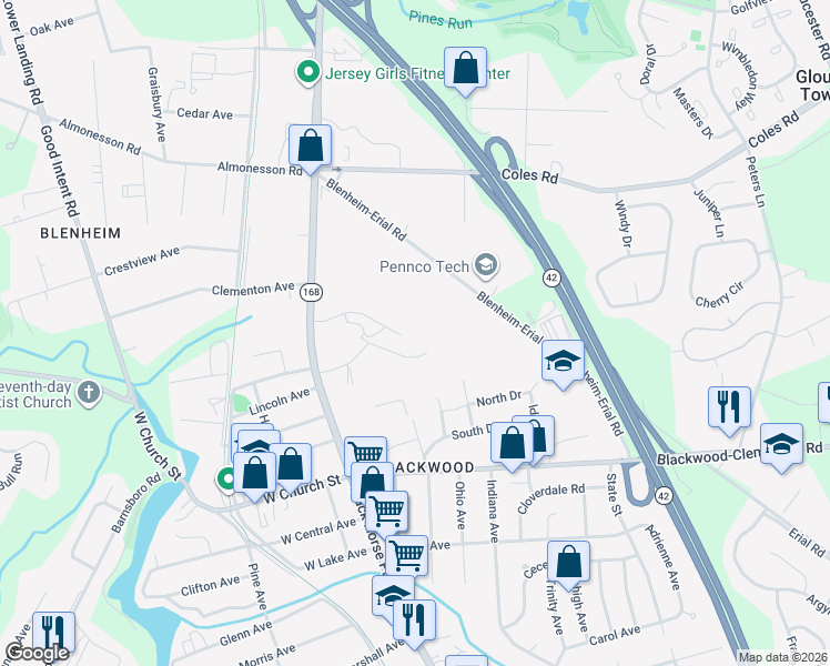 map of restaurants, bars, coffee shops, grocery stores, and more near 86 Erial Road in Gloucester Township