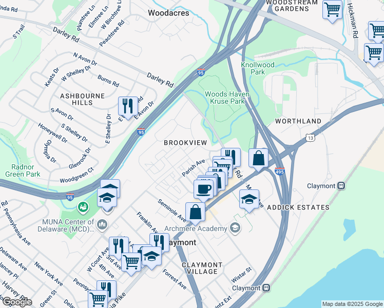 map of restaurants, bars, coffee shops, grocery stores, and more near 3858 Green Street in Claymont