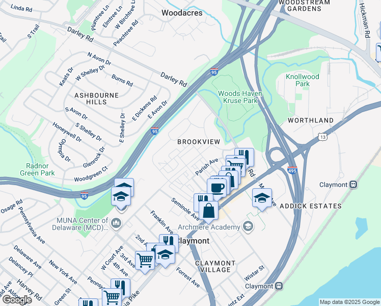 map of restaurants, bars, coffee shops, grocery stores, and more near 3622 Topaz Drive in Claymont