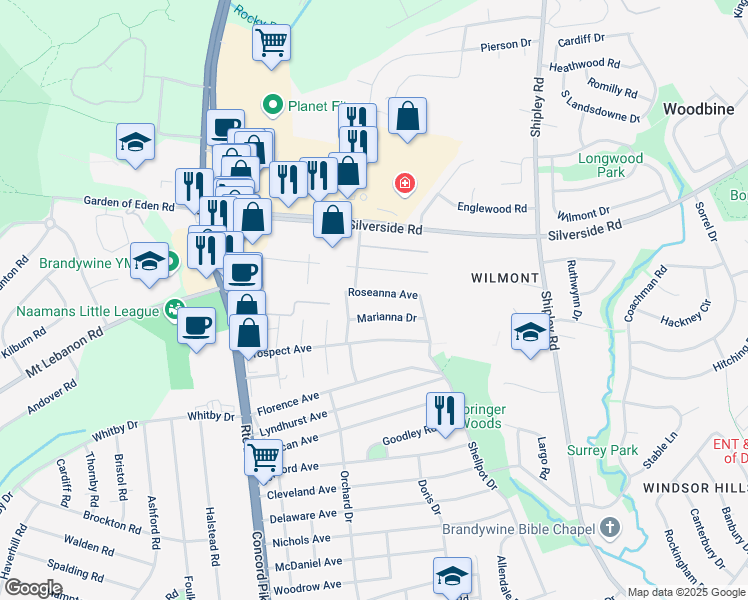 map of restaurants, bars, coffee shops, grocery stores, and more near 402 Brandywine Boulevard in Wilmington