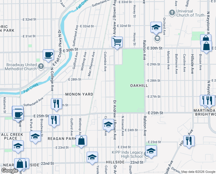 map of restaurants, bars, coffee shops, grocery stores, and more near 2758 Doctor Andrew J Brown Avenue in Indianapolis