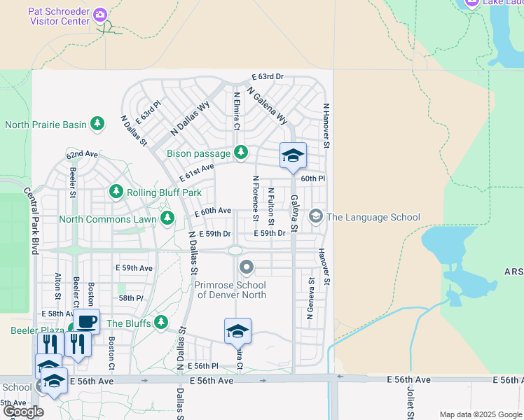 map of restaurants, bars, coffee shops, grocery stores, and more near 10053 East 60th Avenue in Denver