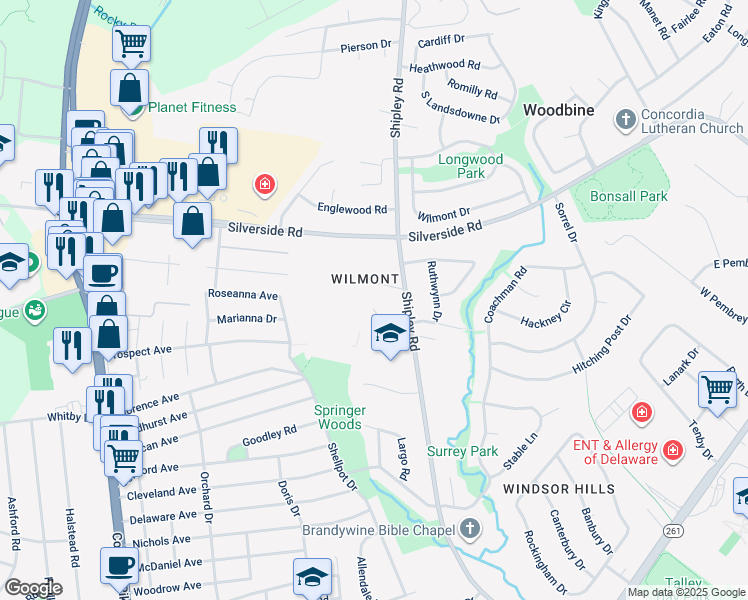 map of restaurants, bars, coffee shops, grocery stores, and more near 18 Kendall Court in Wilmington