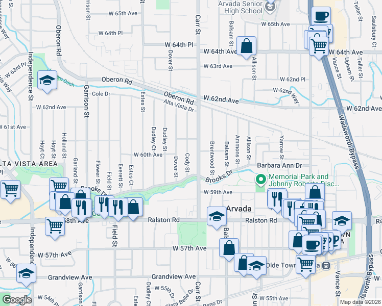 map of restaurants, bars, coffee shops, grocery stores, and more near 6050 Cody Street in Arvada