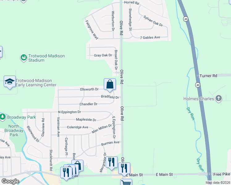map of restaurants, bars, coffee shops, grocery stores, and more near 749 Ellsworth Drive in Dayton
