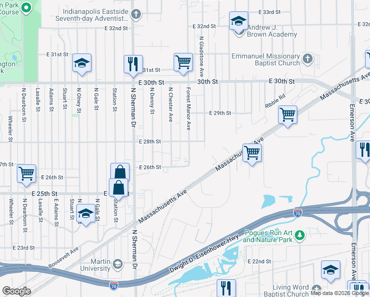 map of restaurants, bars, coffee shops, grocery stores, and more near 4026 East 28th Street in Indianapolis