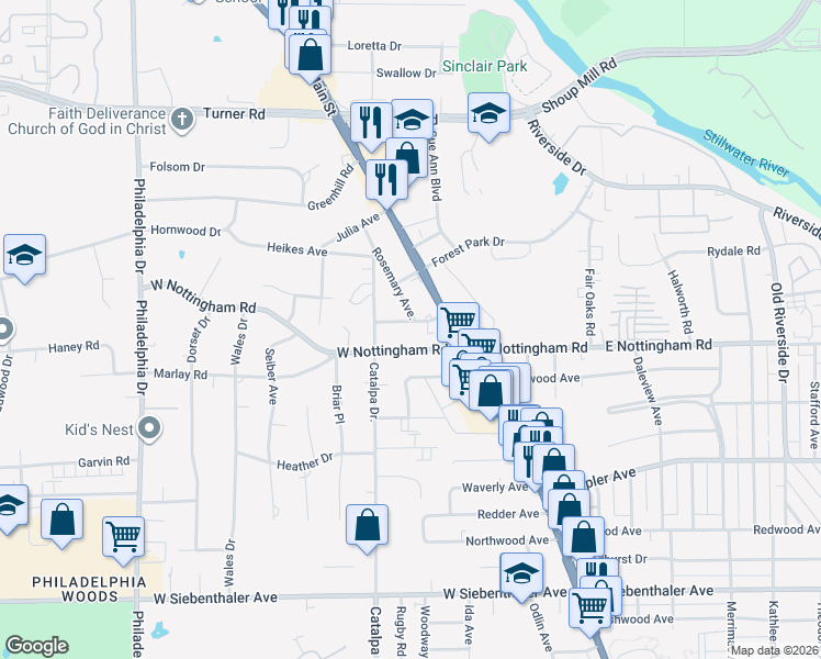 map of restaurants, bars, coffee shops, grocery stores, and more near 4425 Rosemary Avenue in Dayton