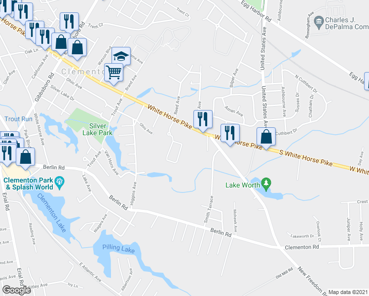 map of restaurants, bars, coffee shops, grocery stores, and more near 2 Rowand Way East in Clementon