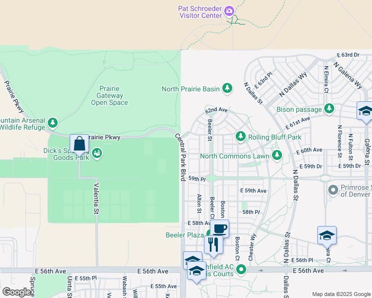 map of restaurants, bars, coffee shops, grocery stores, and more near 8900 East 61st Avenue in Denver