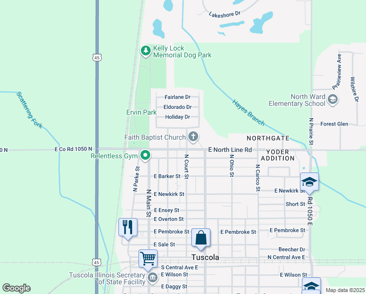map of restaurants, bars, coffee shops, grocery stores, and more near 300 East North Line Road in Tuscola