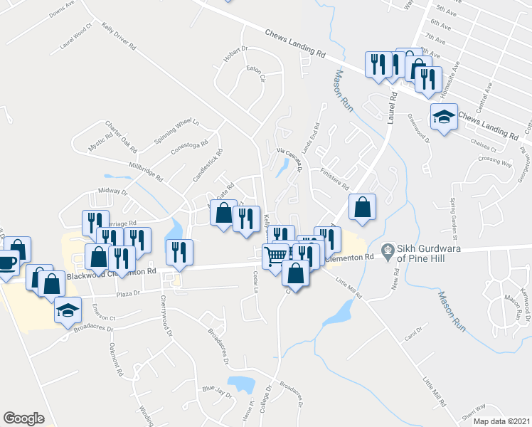 map of restaurants, bars, coffee shops, grocery stores, and more near Kelly Drivers Ln & La Cascata in Clementon