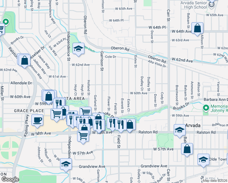 map of restaurants, bars, coffee shops, grocery stores, and more near 6033 Field Street in Arvada