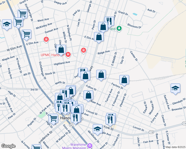 map of restaurants, bars, coffee shops, grocery stores, and more near 515 Broadway in Hanover