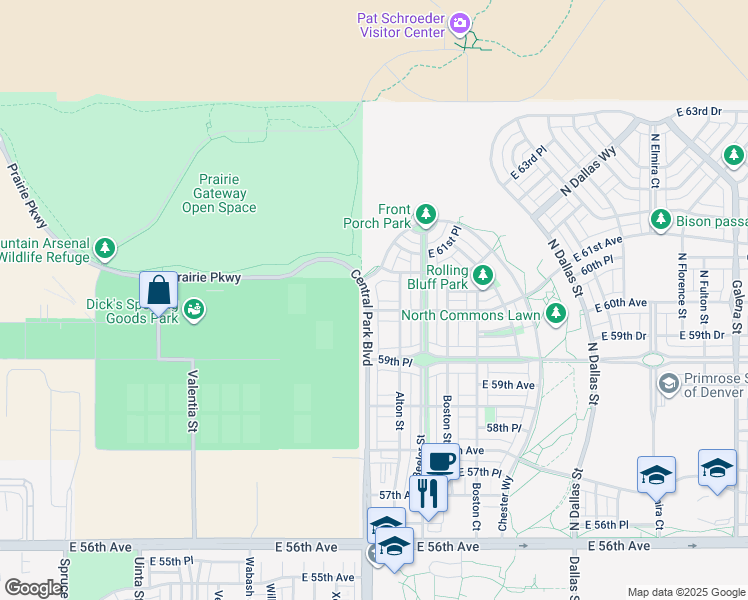 map of restaurants, bars, coffee shops, grocery stores, and more near 6032 Central Park Boulevard in Denver