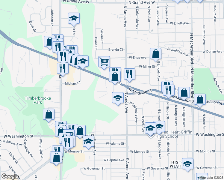 map of restaurants, bars, coffee shops, grocery stores, and more near 1614 West Jefferson Street in Springfield