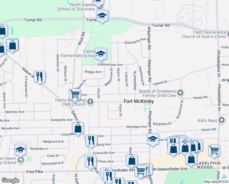 map of restaurants, bars, coffee shops, grocery stores, and more near 4106 Saylor Street in Dayton