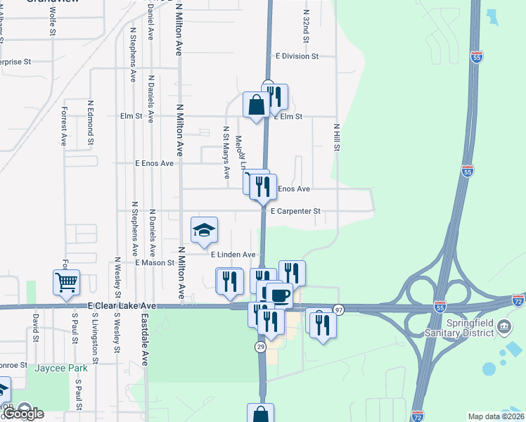 map of restaurants, bars, coffee shops, grocery stores, and more near 3199 E Carpenter St in Springfield