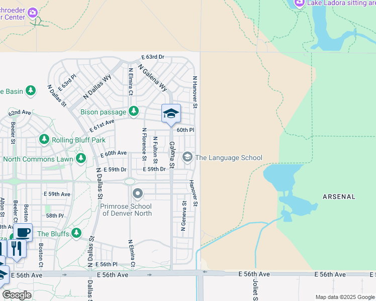 map of restaurants, bars, coffee shops, grocery stores, and more near 6021 Hanover Street in Denver