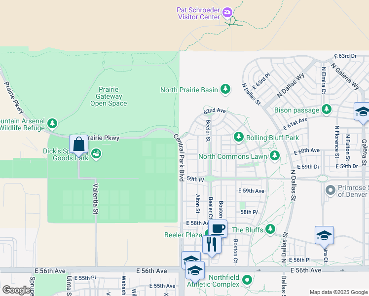 map of restaurants, bars, coffee shops, grocery stores, and more near 8900 East 61st Avenue in Denver