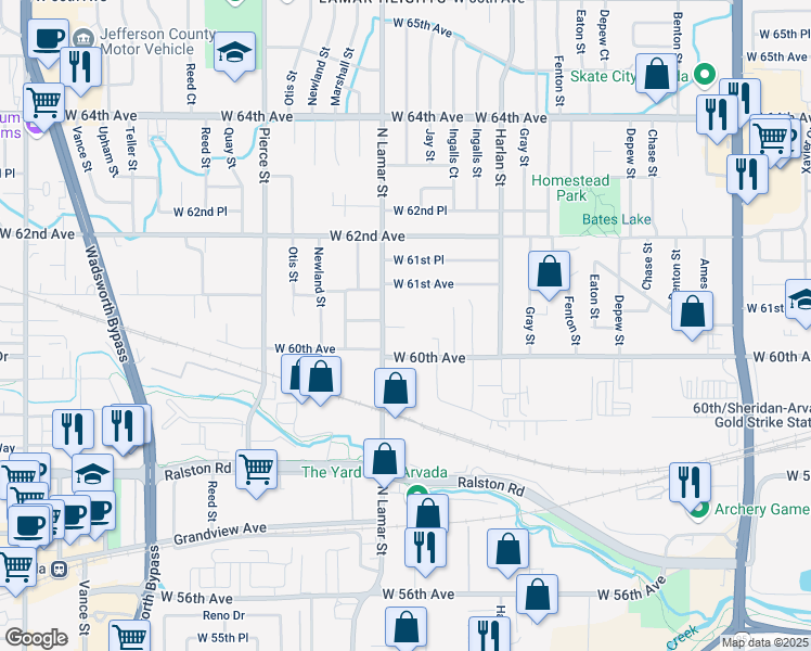 map of restaurants, bars, coffee shops, grocery stores, and more near 6076 North Lamar Street in Arvada