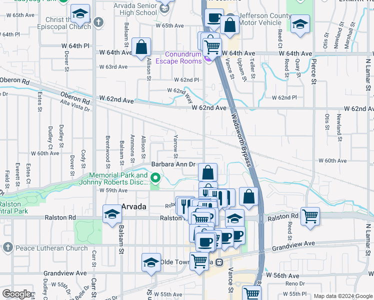 map of restaurants, bars, coffee shops, grocery stores, and more near 7665 West 61st Avenue in Arvada