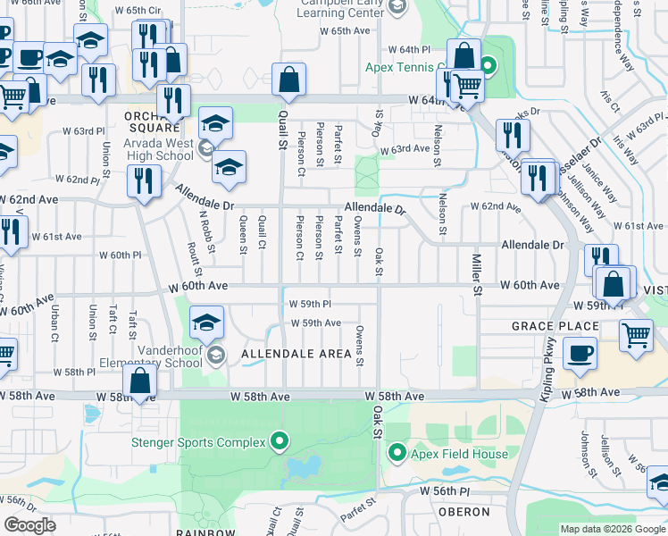map of restaurants, bars, coffee shops, grocery stores, and more near 6054 Pierson Street in Arvada