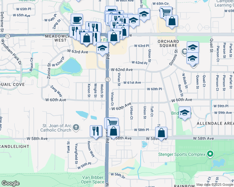 map of restaurants, bars, coffee shops, grocery stores, and more near 6089 Vivian Street in Arvada