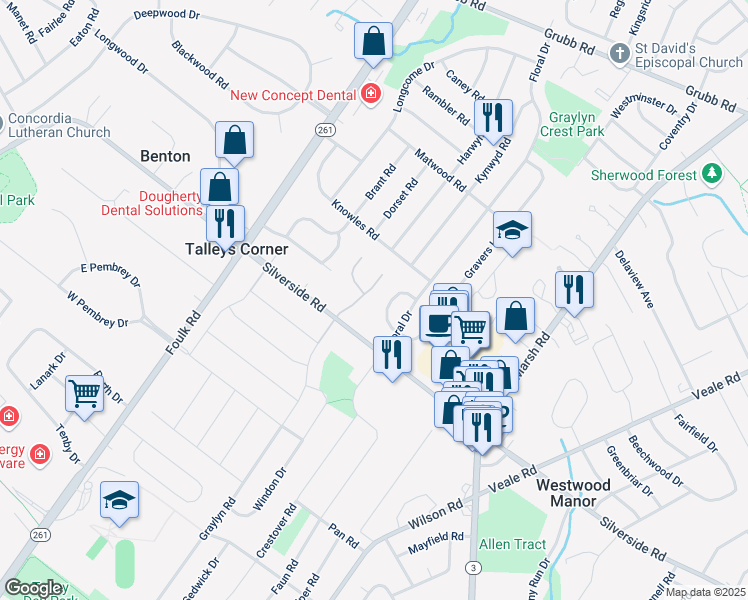 map of restaurants, bars, coffee shops, grocery stores, and more near 2 Bromley Court in Wilmington