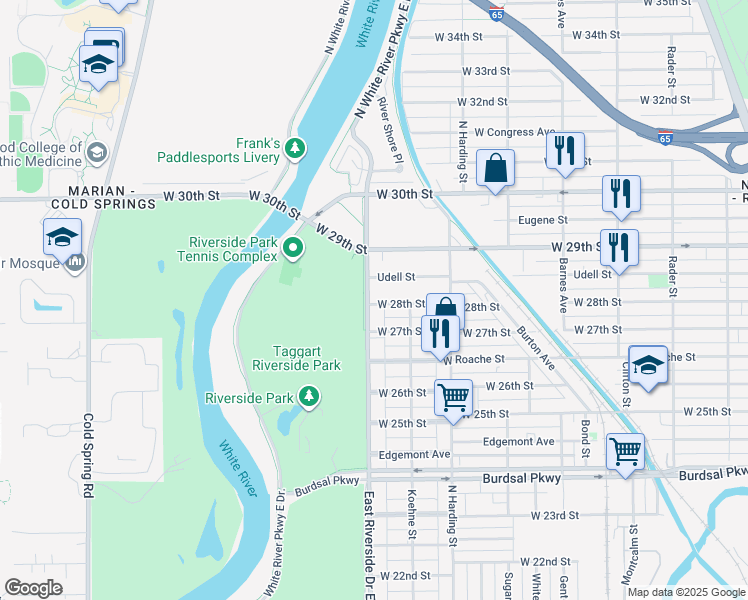 map of restaurants, bars, coffee shops, grocery stores, and more near 2829 East Riverside Drive in Indianapolis