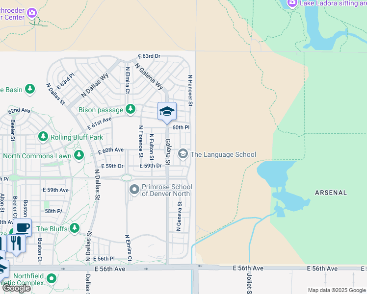 map of restaurants, bars, coffee shops, grocery stores, and more near 10333 East 60th Avenue in Denver