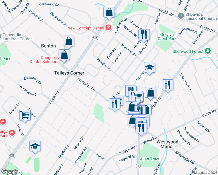 map of restaurants, bars, coffee shops, grocery stores, and more near 2 Bromley Court in Wilmington