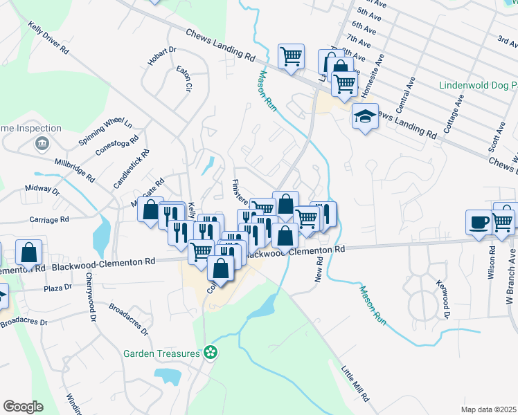 map of restaurants, bars, coffee shops, grocery stores, and more near 1900 Laurel Road in Clementon