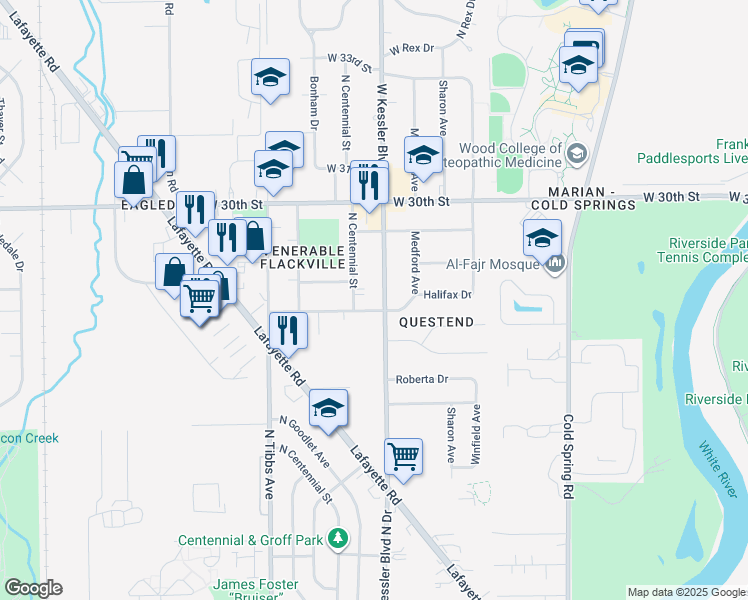 map of restaurants, bars, coffee shops, grocery stores, and more near 2818 West Kessler Boulevard North Drive in Indianapolis
