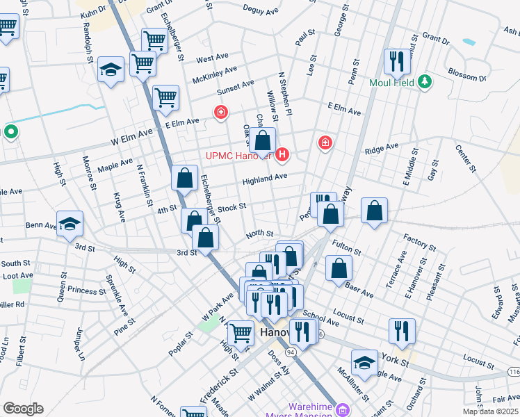 map of restaurants, bars, coffee shops, grocery stores, and more near 219 Stock Street in Hanover