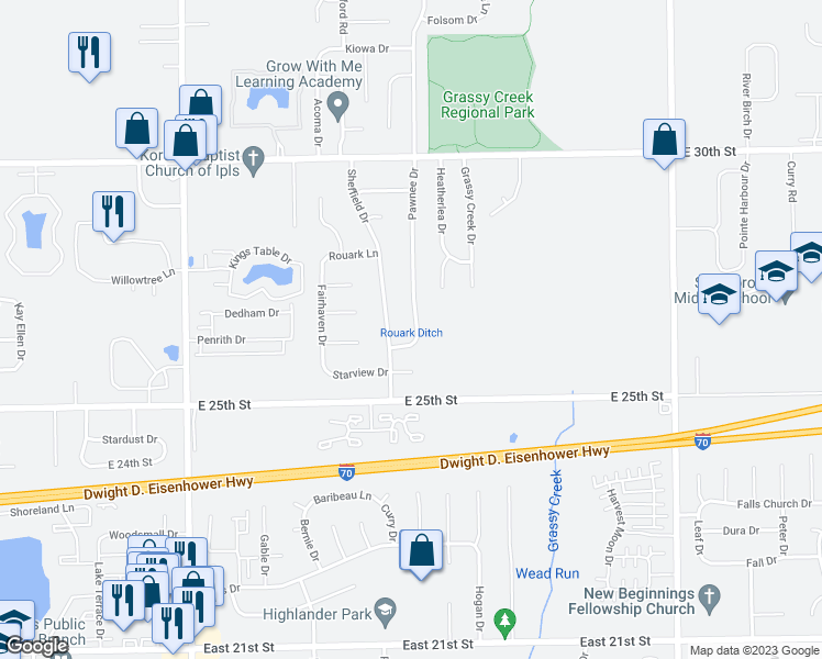map of restaurants, bars, coffee shops, grocery stores, and more near 2620 Pawnee Drive in Indianapolis