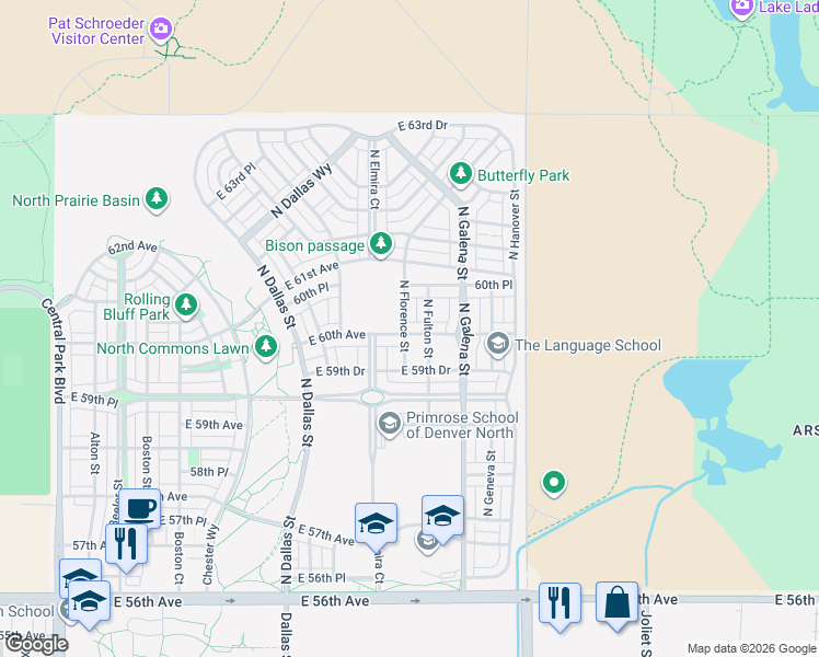 map of restaurants, bars, coffee shops, grocery stores, and more near 6028 North Florence Street in Denver